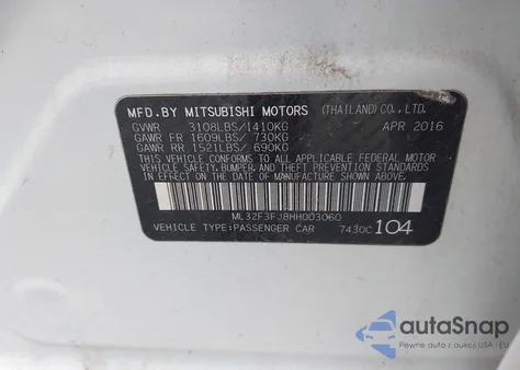 2017 Mitsubishi Mirage G4 Es из США, поврежденный, VIN ML32F3FJ8HH003060